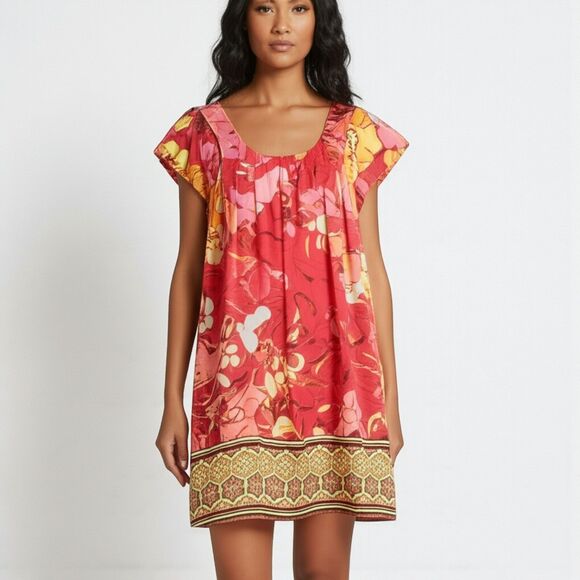 Hale Bob 100% Silk Floral Dress Coral Boho Border Print S Mini - Picture 1 of 15